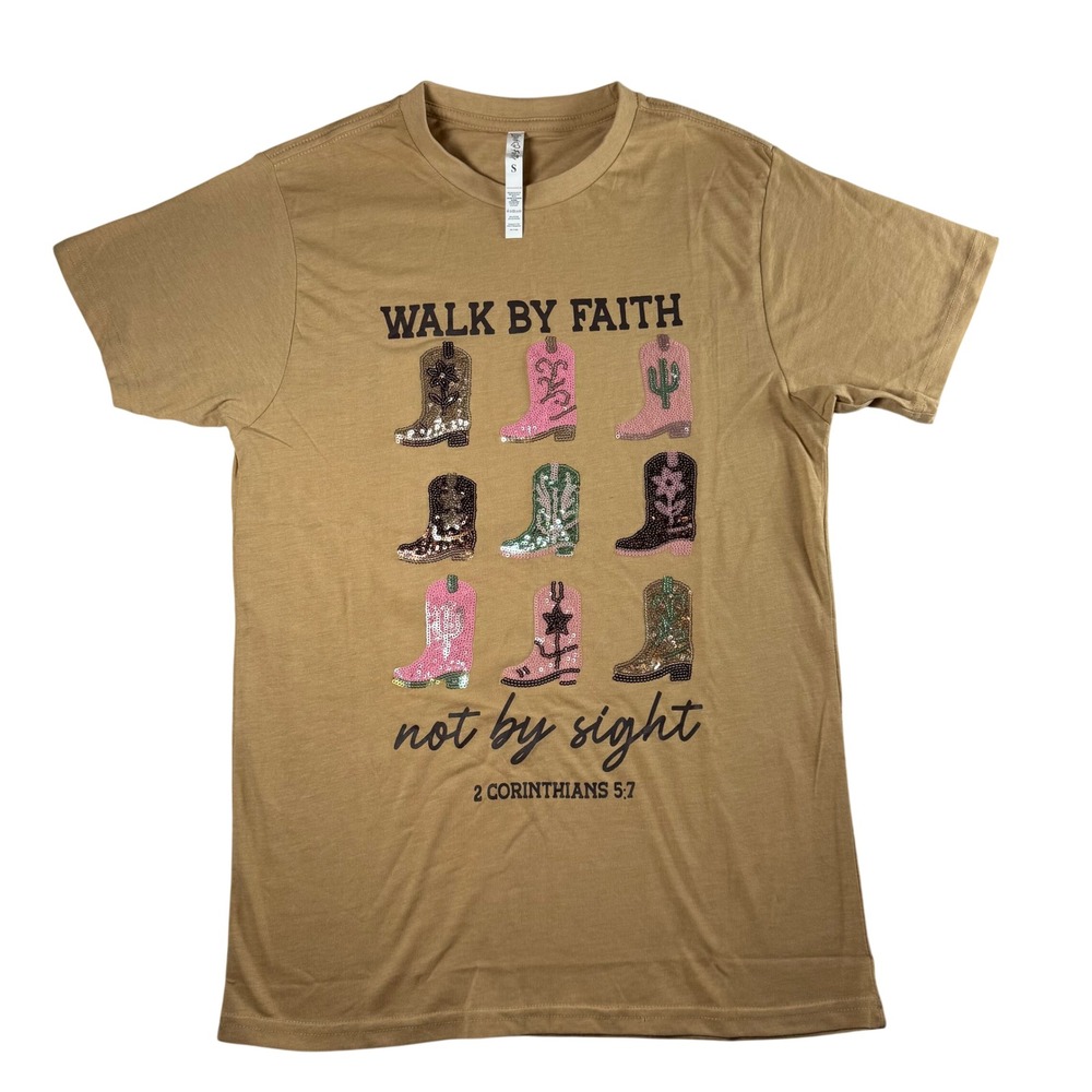 Love in Faith Walk by Faith Sequin Cowboy Boots Christian Tee Women's Small New